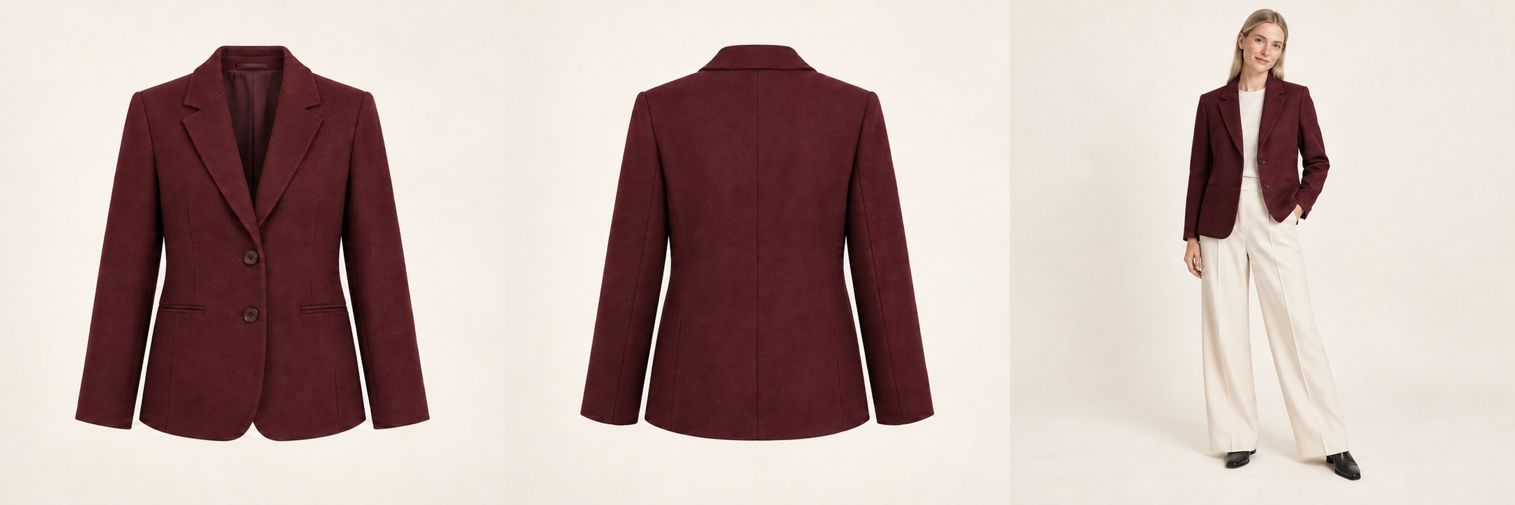 Front packshot of a burgundy tailored wool jacket
